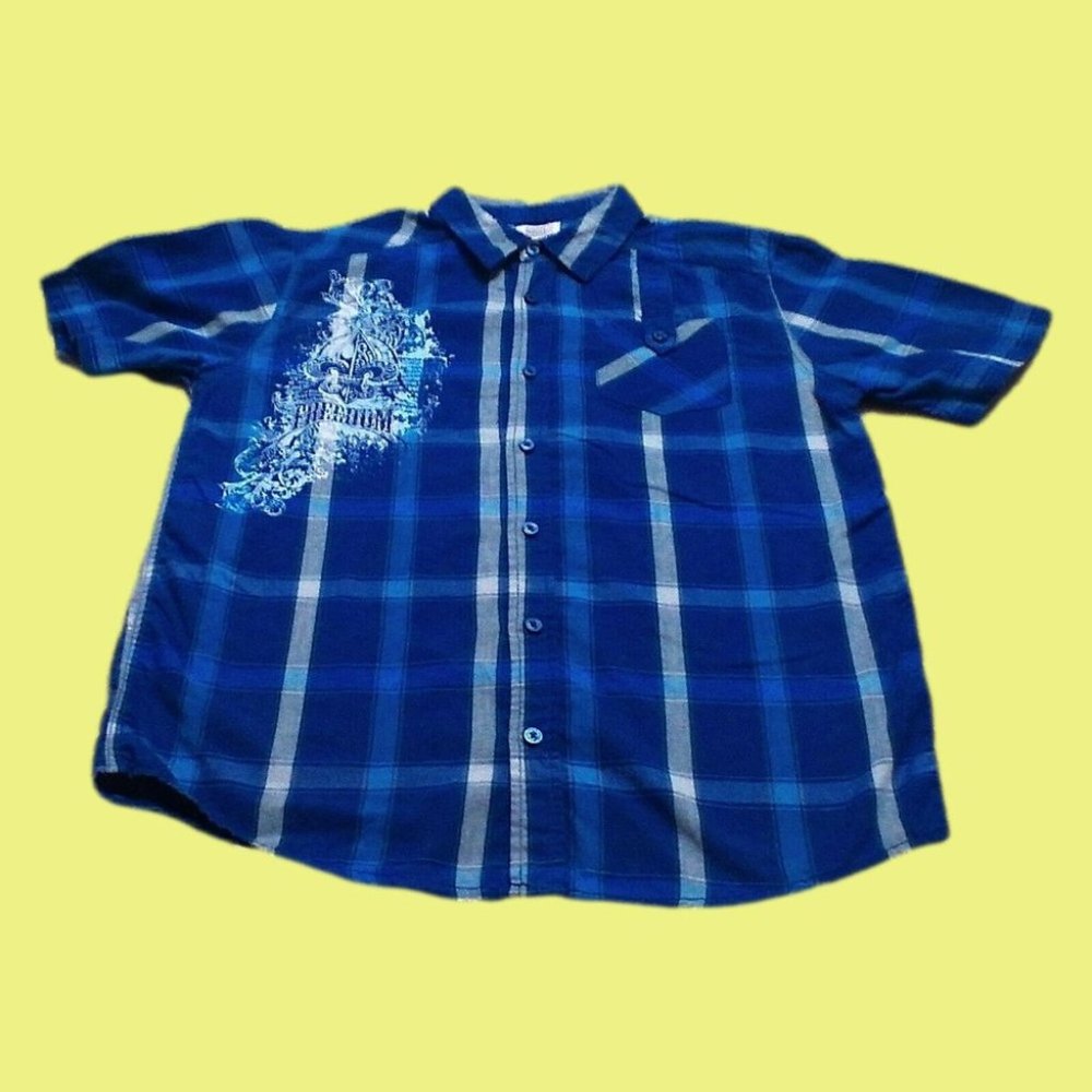 Route 66 Freedom Graphic Design Button Down Collar Top Blue/White Sze XL (14-16)